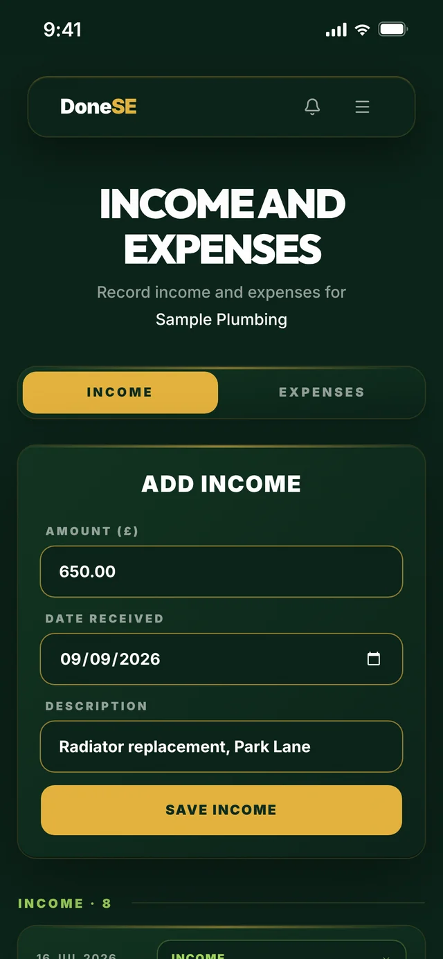 DoneSE, Income and expenses: adding £650 received on 9 September 2026