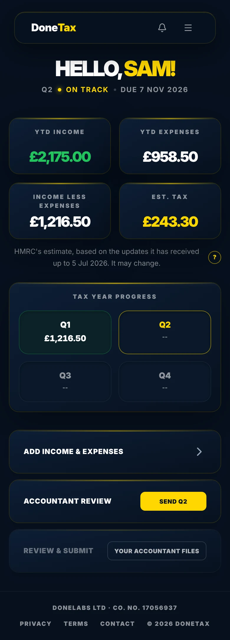 DoneTax home screen: a landlord's year-to-date income, expenses and quarters